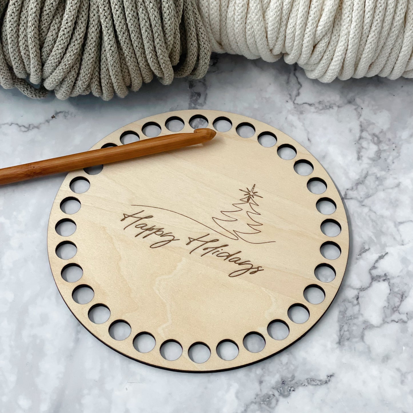 Holiday Engraved 6” Wooden Crochet Base –10mm Holes