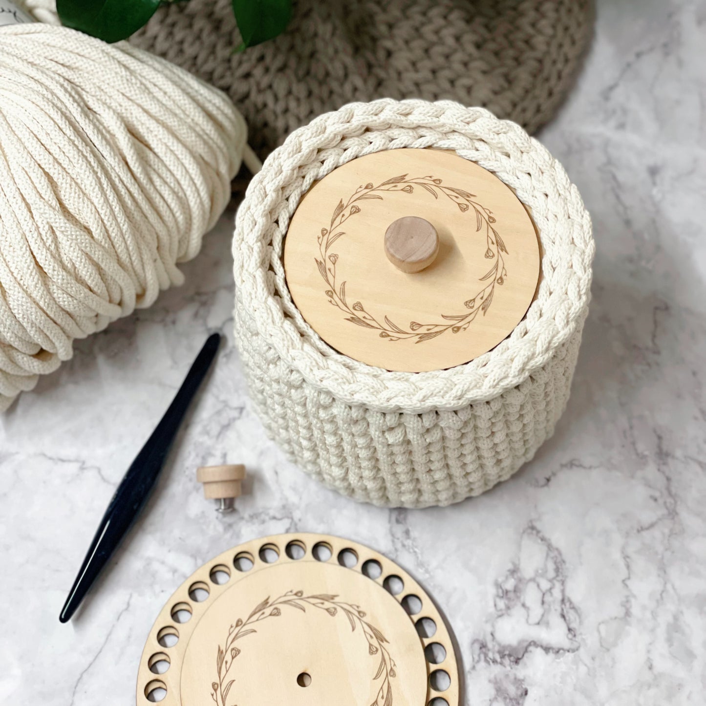 Wooden Crochet Base & Lid Set | 6” Basket Bottom, Top Ring & Lid Included | Secure Fit Design