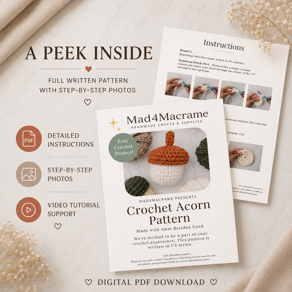 Crochet Acorn PDF Pattern + Video Tutorial